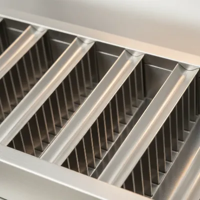 Close-up of a clean range hood baffle filter showing its unique design elements