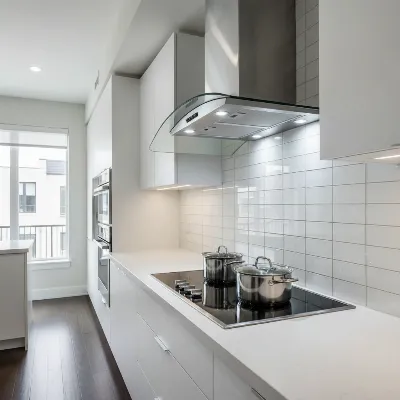 Cavaliere wall mount range hood showcasing its sleek stainless steel and glass design in a modern kitchen with active cooktop lights.