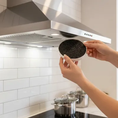 A close-up shot of a hand replacing a charcoal filter in a ductless range hood, with a clean, modern kitchen background.
