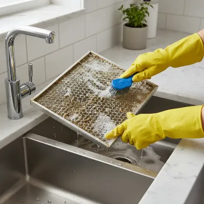 A person hand-washing a greasy range hood baffle filter in a kitchen sink with soapy water