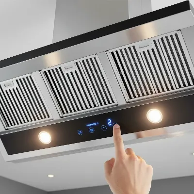 Close-up of Cosmo range hood's ARC-FLOW baffle filters and soft-touch controls.