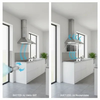 A side-by-side comparison of a ducted and a ductless range hood in a modern kitchen setup, highlighting their different air pathways and filter systems.