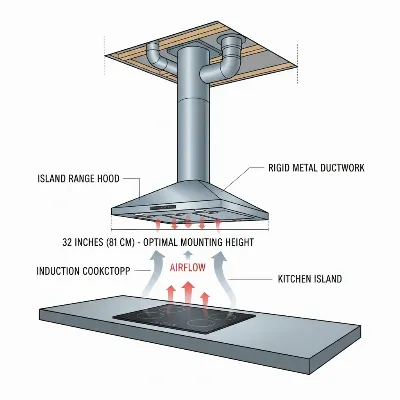 A clear diagram showing the correct installation height and ductwork for an island range hood