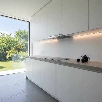 A sleek, modern kitchen with an under-cabinet range hood featuring a charcoal filter system, demonstrating minimalist design and efficient air purification.