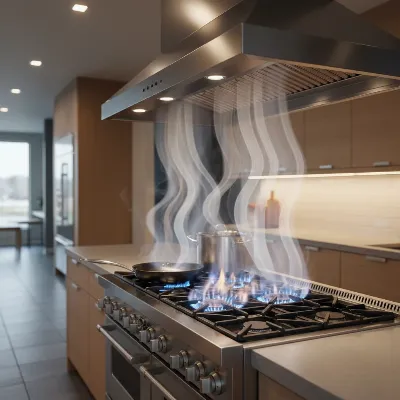 A powerful heavy-duty range hood operating above a gas stove with flames, illustrating strong suction and clean air.