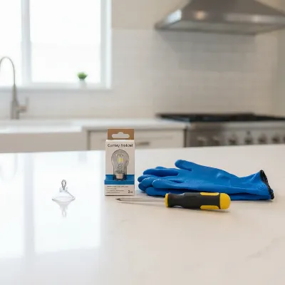 Essential tools for replacing a range hood light bulb including gloves, screwdriver, and new bulb.