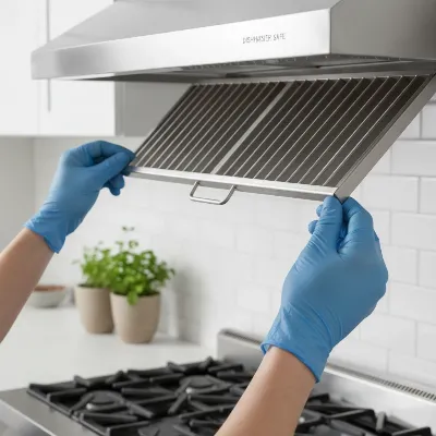Person cleaning a stainless steel baffle filter from an XtremeAir range hood