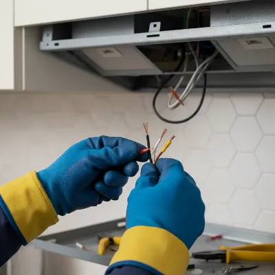Connecting electrical wires for a range hood, ensuring safety and correct color matching.