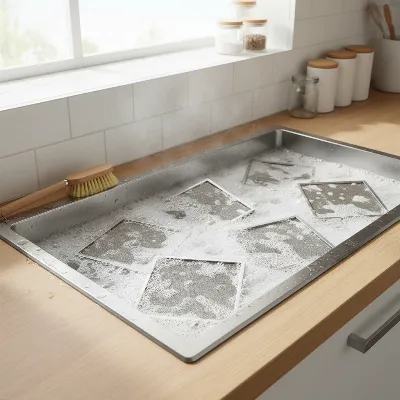 Grease filters soaking in a sink with soapy water and baking soda