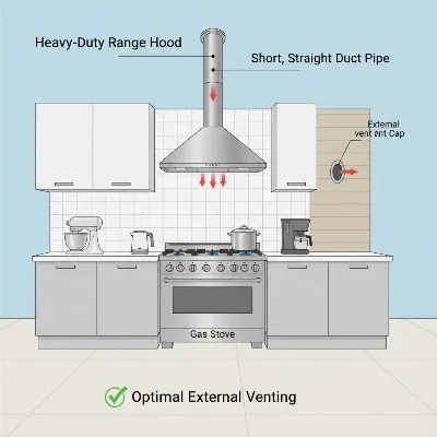 An illustration showing a range hood with a short, straight duct path venting outdoors, emphasizing proper installation.
