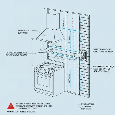 A detailed diagram showing the planned duct path for a range hood through an exterior wall, highlighting internal and external measurements, and potential obstructions like electrical lines or studs. Editorial style, clear labels.