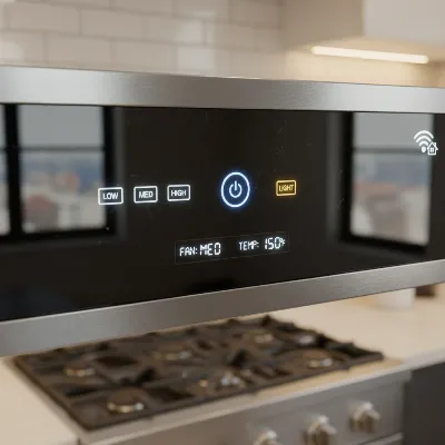 Close-up of a modern smart range hood's control panel, showing touch-sensitive buttons, a digital display, and a Wi-Fi or smart home logo. The background is a subtly blurred contemporary kitchen. 