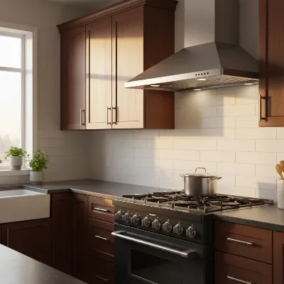 Modern kitchen featuring an XtremeAir Ultra Series under-cabinet range hood installed over a professional-style range