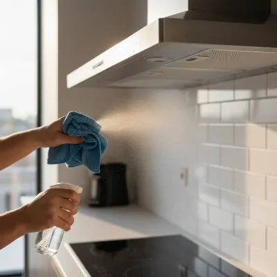 A person carefully wiping the stainless steel exterior of a range hood with a soft cloth and cleaning spray.