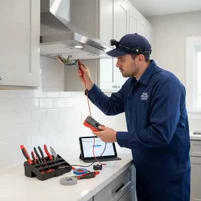 A professional technician diagnosing a complex range hood issue, highlighting the need for expert help in certain situations.
