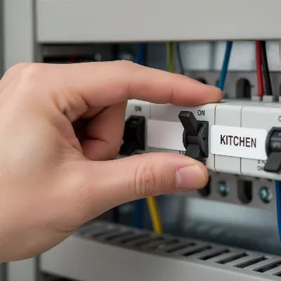 A person turning off a circuit breaker to disconnect power to a range hood, emphasizing kitchen safety during repairs.