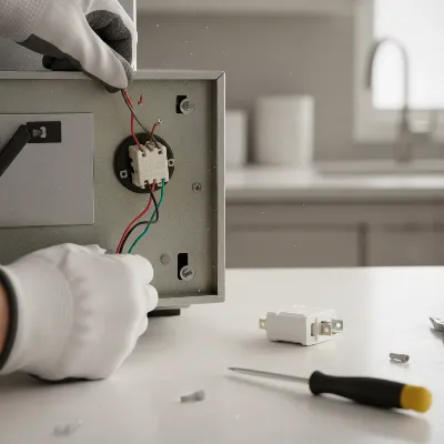 Detailed view of a person replacing a faulty fan switch in a range hood control panel, highlighting electrical connections.