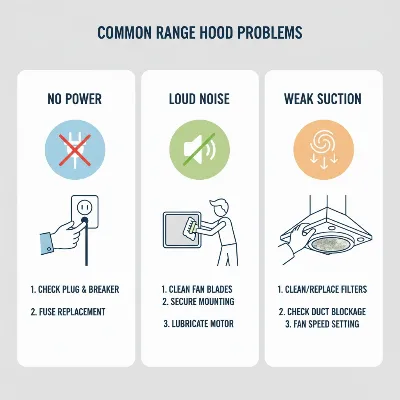 An infographic showing common range hood problems with simple visual troubleshooting icons.